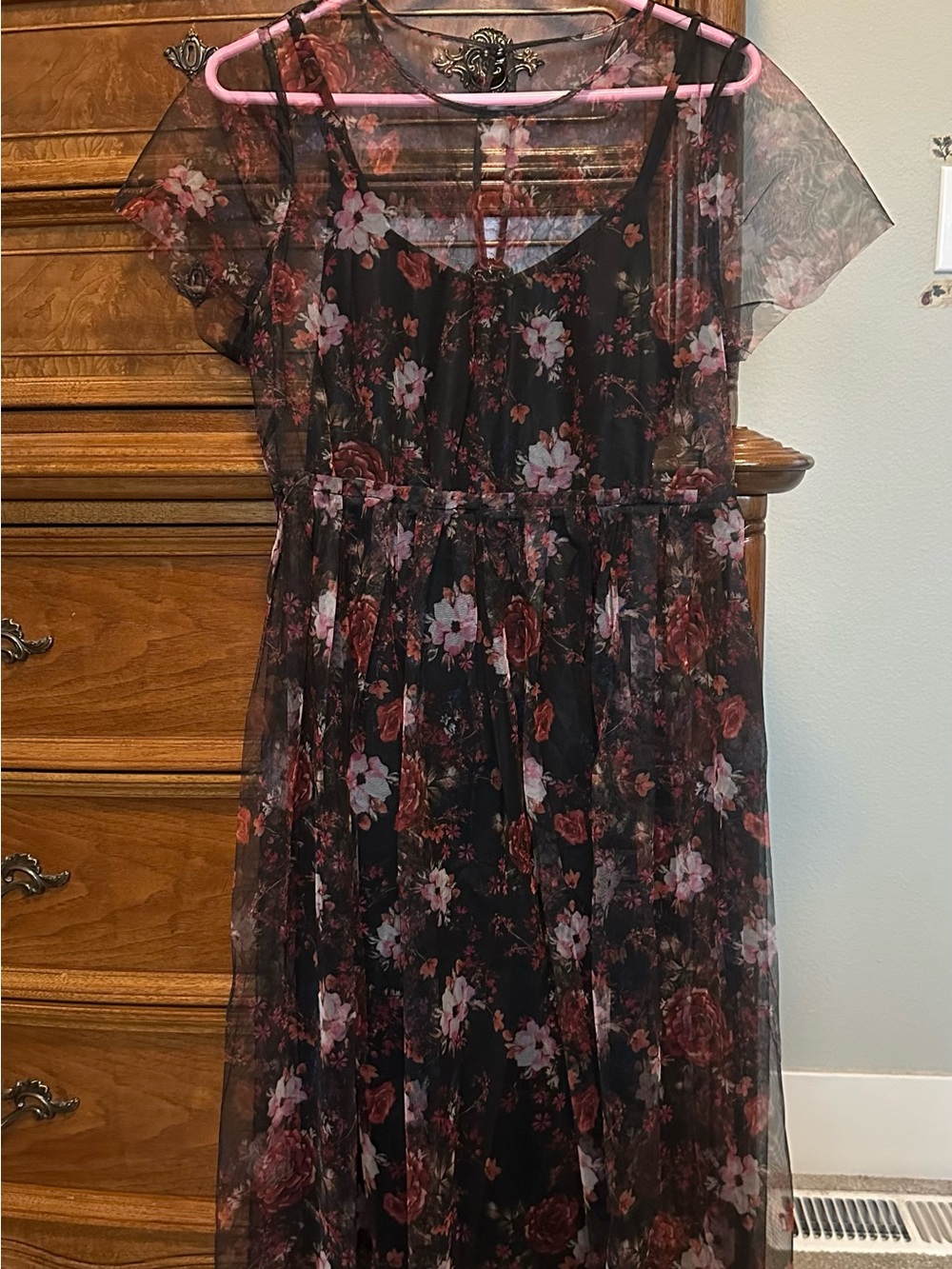 Floral Mesh Overlay Midi Dress